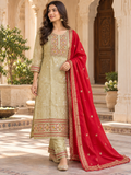Beige Gold Embroidered Suit Set with Red Dupatta & Matching Straight Pants