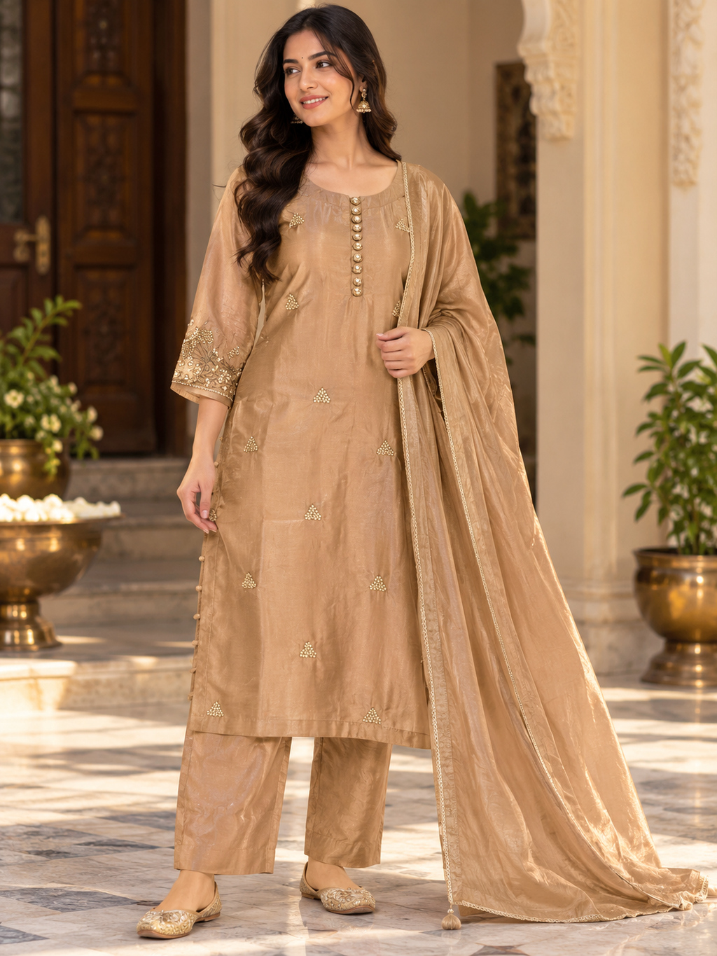 Beige Suit Set with Embroidered Kurta, Straight Pants & Dupatta