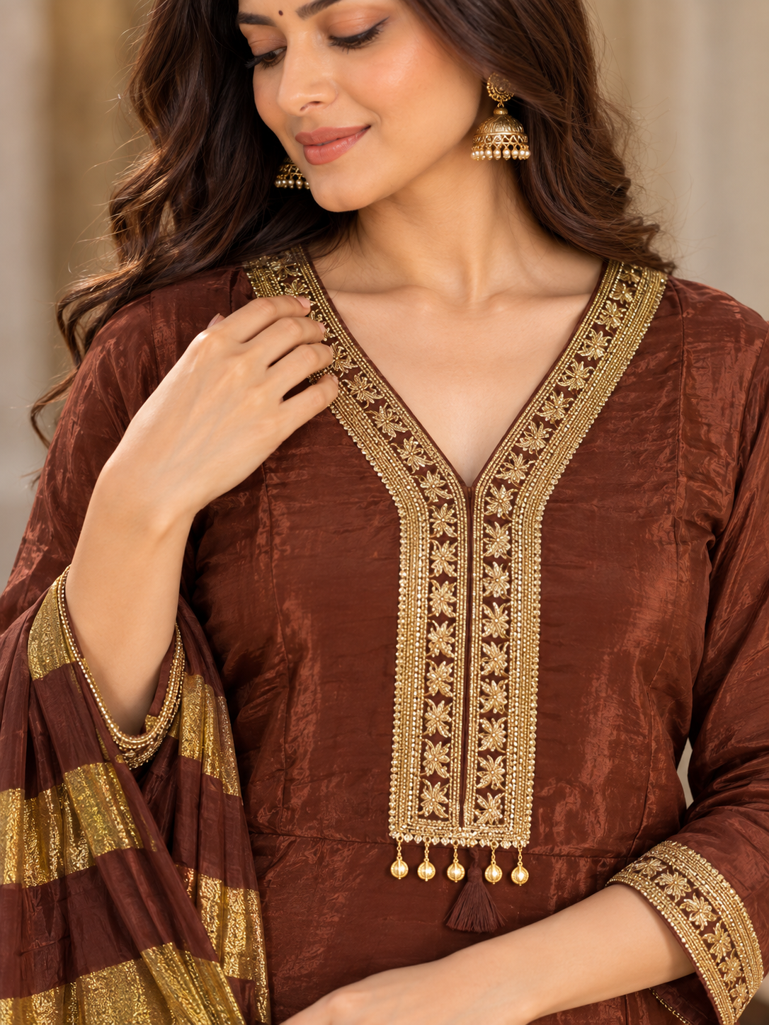 Chocolate Brown Suit Set with Golden Embroidered Palazzo & Striped Dupatta