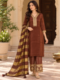 Chocolate Brown Suit Set with Golden Embroidered Palazzo & Striped Dupatta