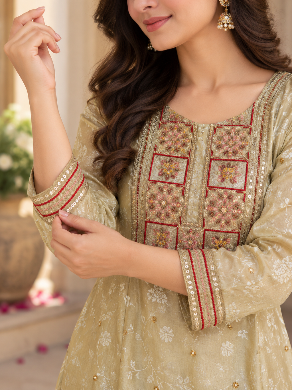 Beige Gold Embroidered Suit Set with Red Dupatta & Matching Straight Pants