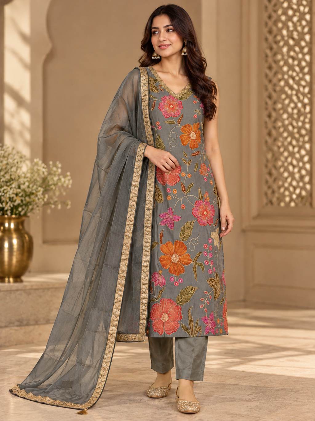 Grey Floral Embroidered Suit Set with Straight Pants & Golden Border Dupatta
