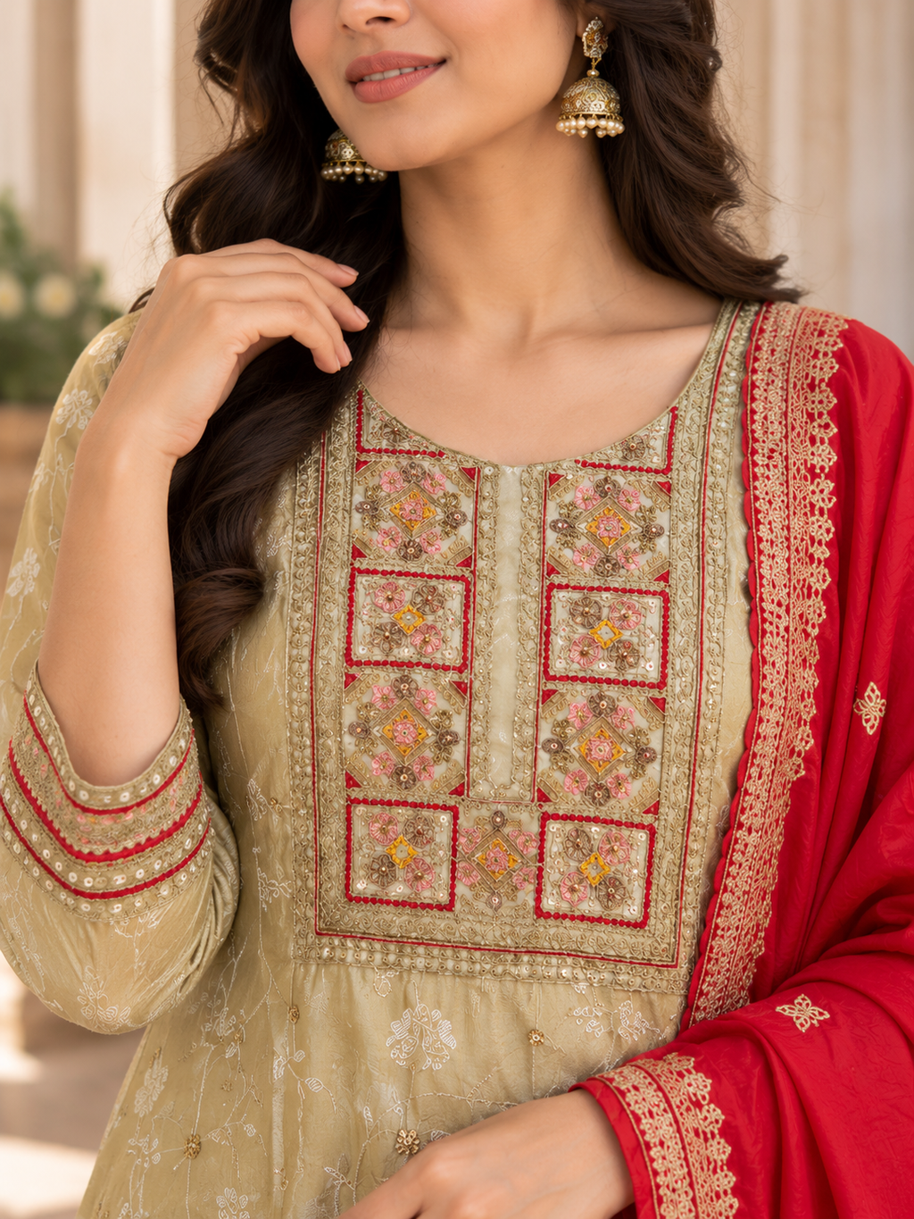 Beige Gold Embroidered Suit Set with Red Dupatta & Matching Straight Pants