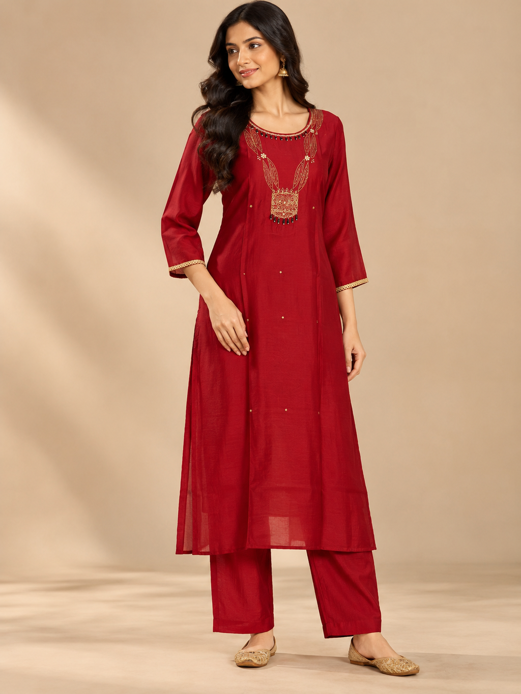 Red Embroidered A Line Suit Set with & Dupatta