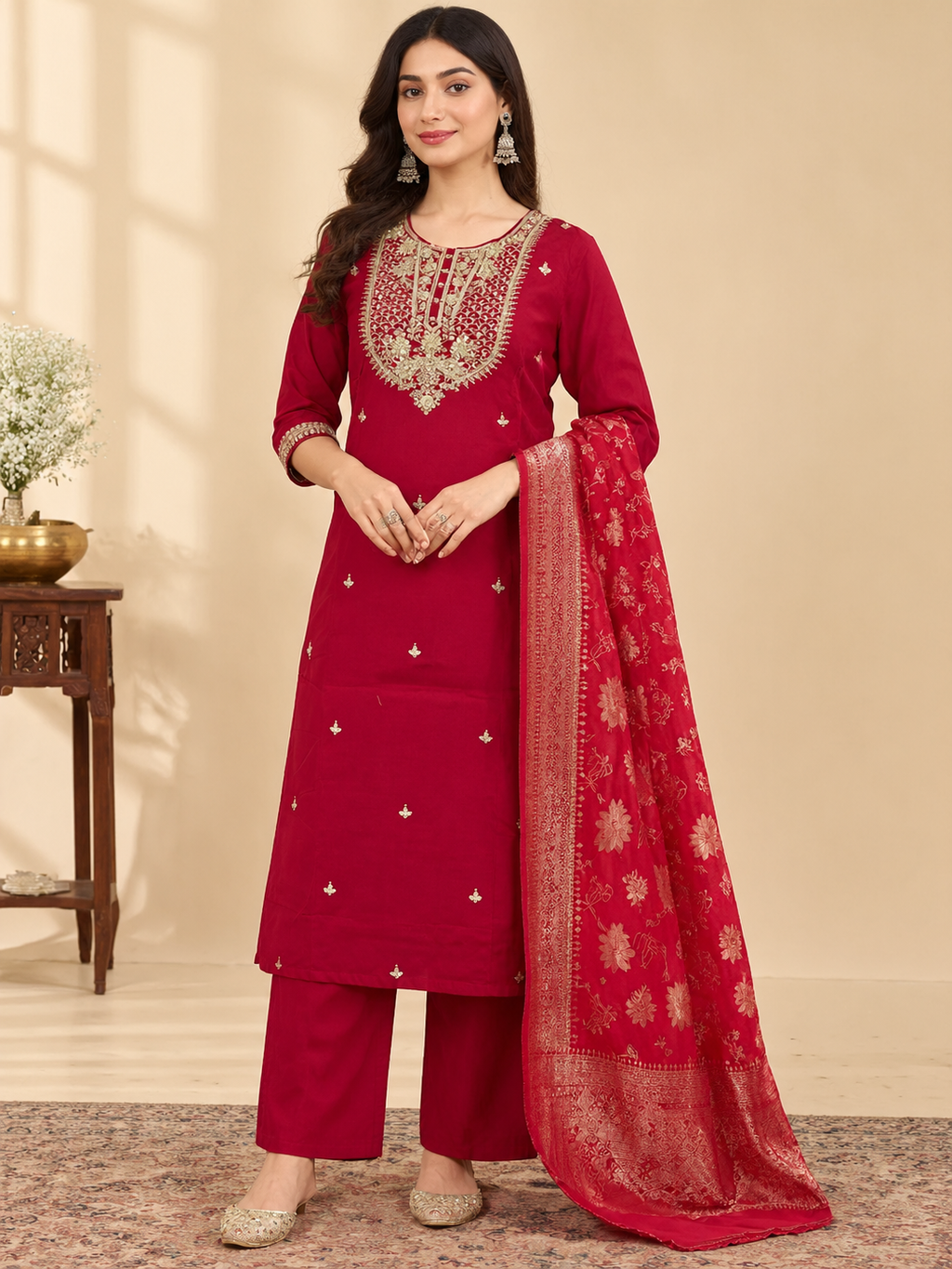 Maroon Suit Set with Matching Straight Pants & Banarasi Dupatta