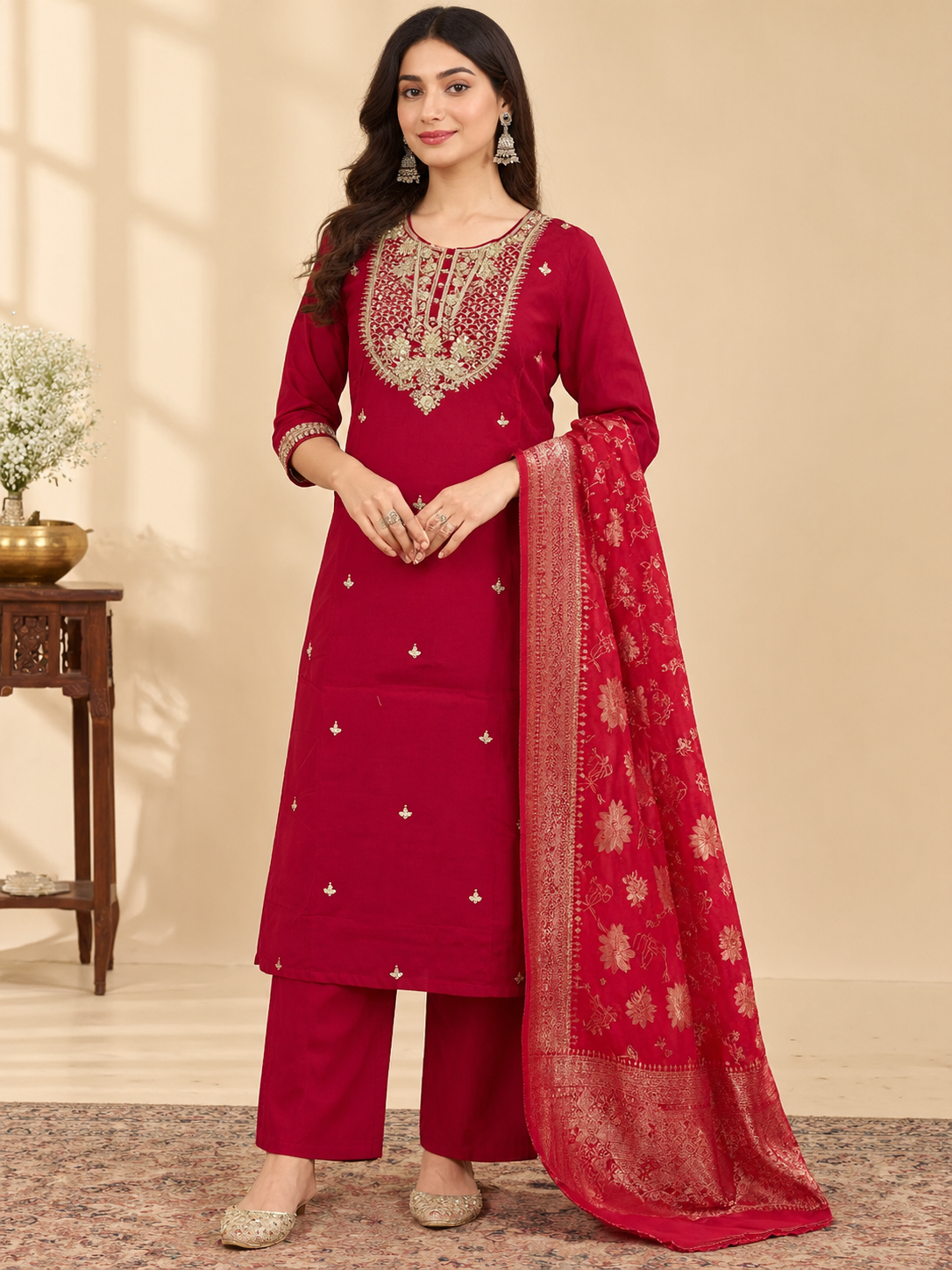 Maroon Suit Set with Matching Straight Pants & Banarasi Dupatta