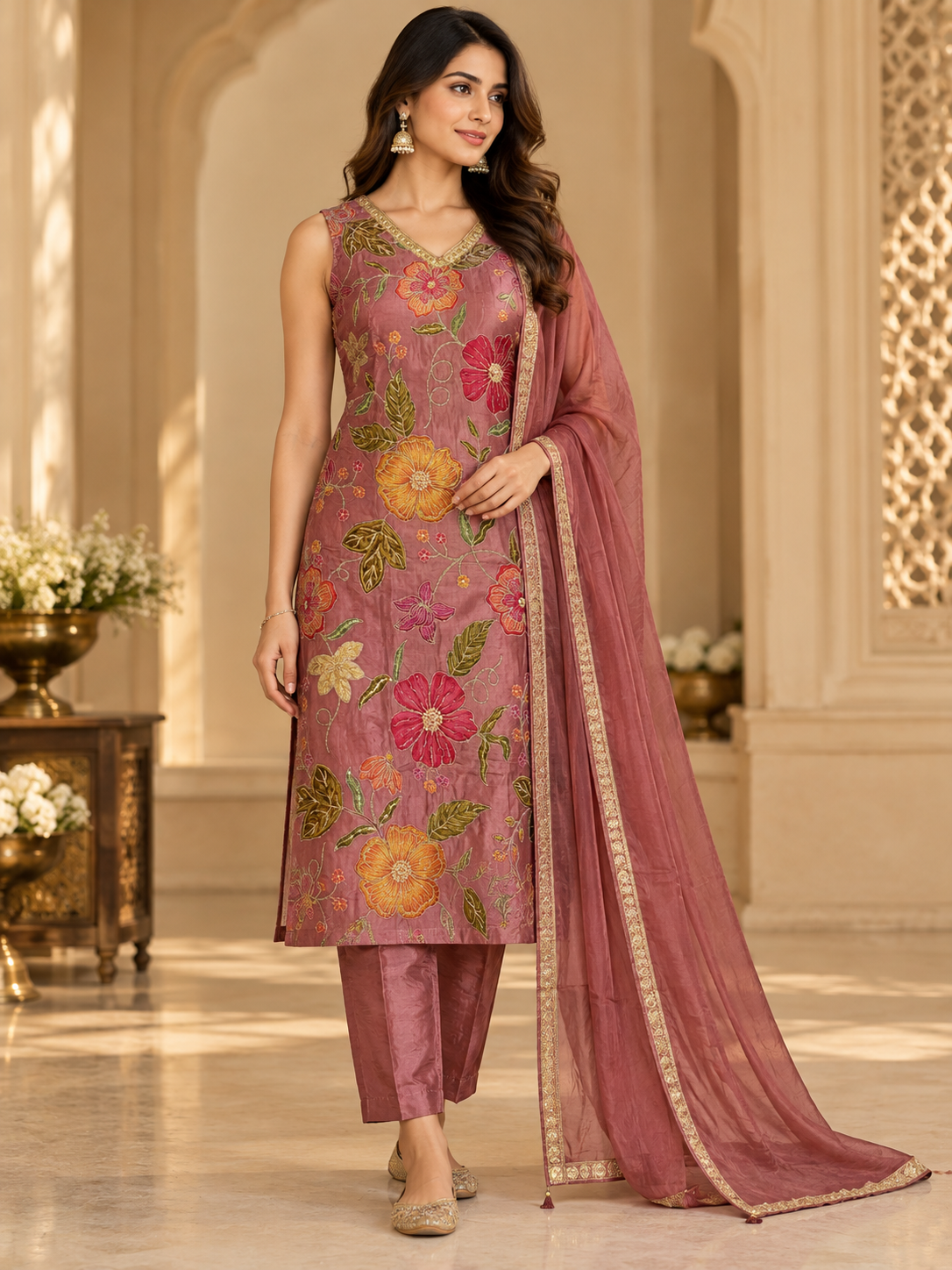 Mauve Floral Embroidered Suit Set with Straight Pants & Dupatta