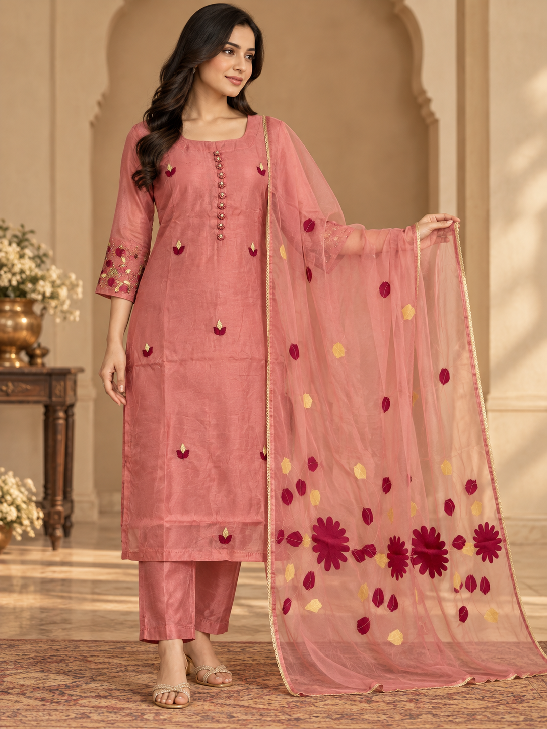 Rose Pink Embroidered Suit Set with Floral Dupatta & Matching Straight Pants
