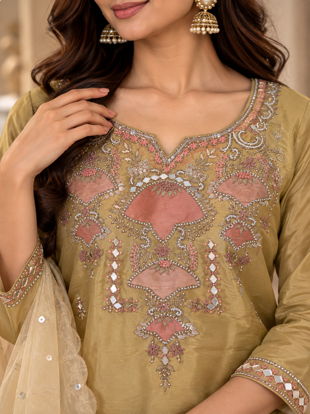 Olive yellow Embroidered Suit Set with Dupatta & Matching Plazzo