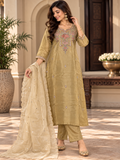 Olive yellow Embroidered Suit Set with Dupatta & Matching Plazzo
