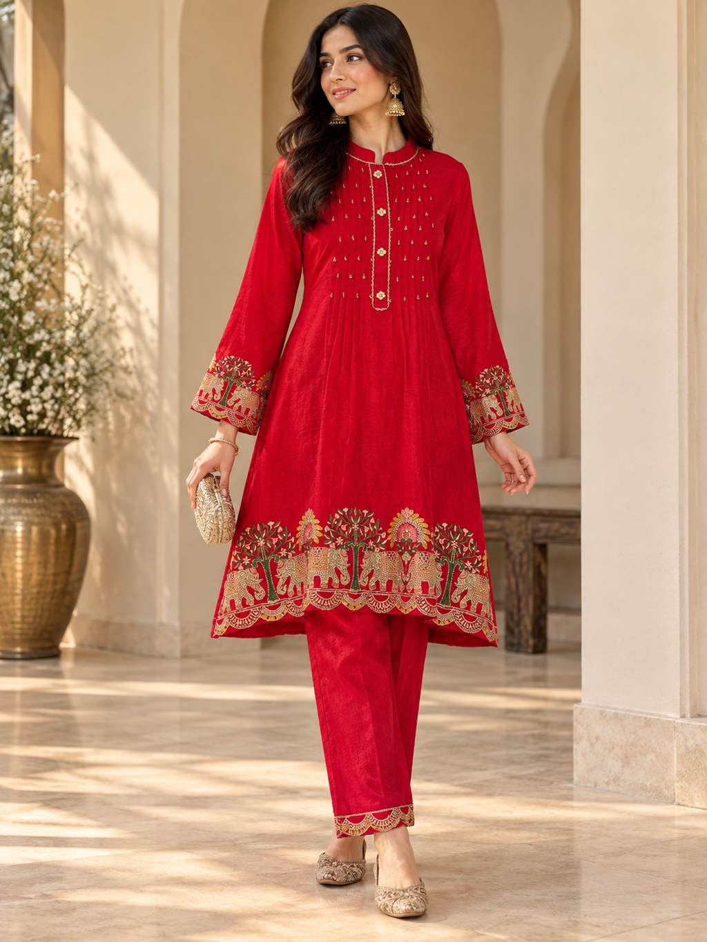 Ruby Red Embroidered Co-Ord Set with Golden Elephant Motif Detailing