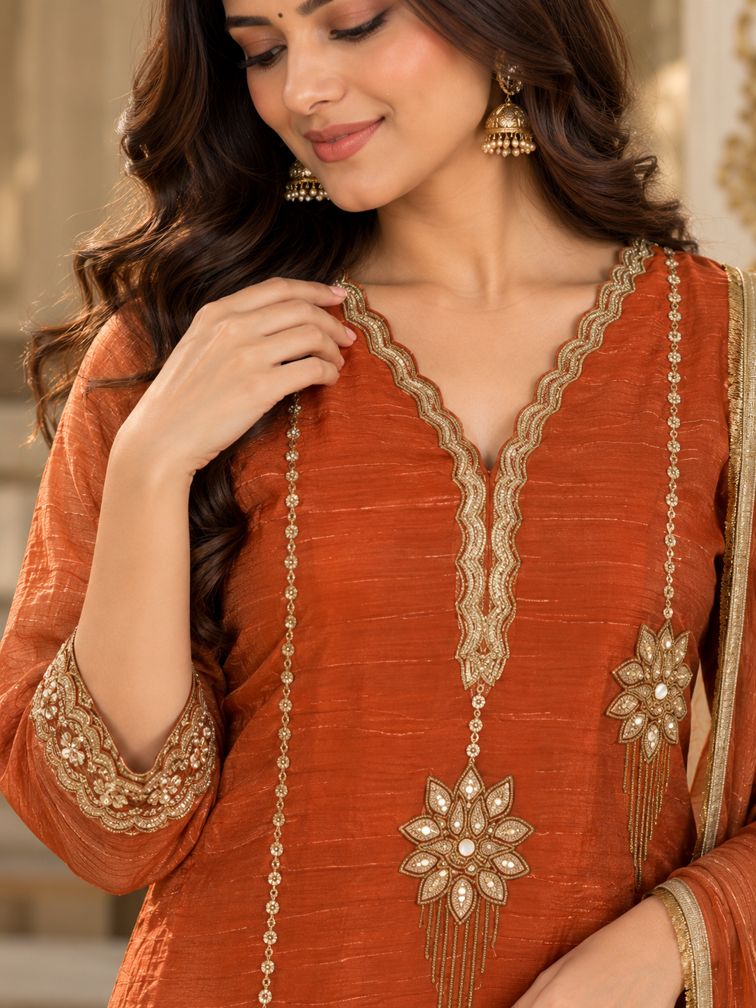 Rust Orange Salsa Suit Set with Embroidered Kurta, Palazzo & Dupatta