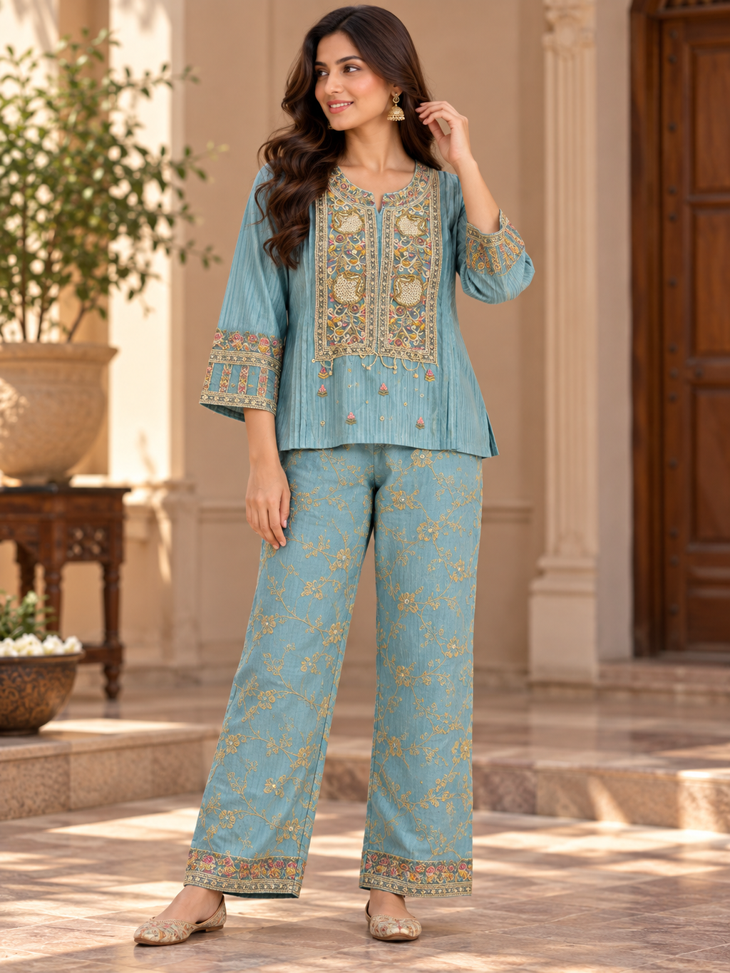 Blue Embroidered Co-Ord Set
