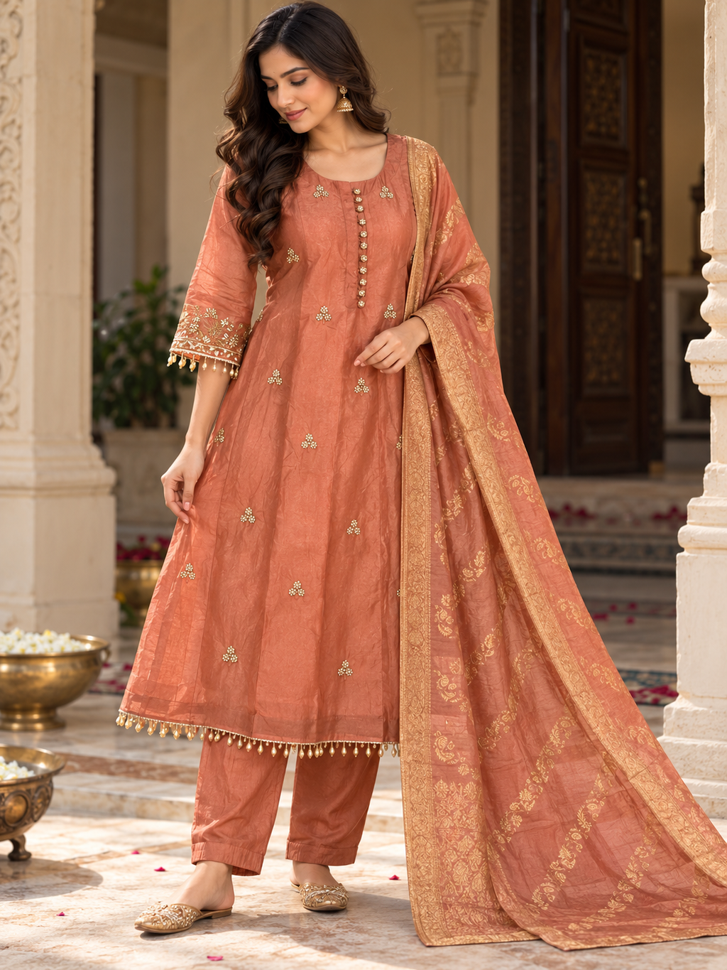 Peach Suit Set with Embroidered Anarkali Kurta & pants