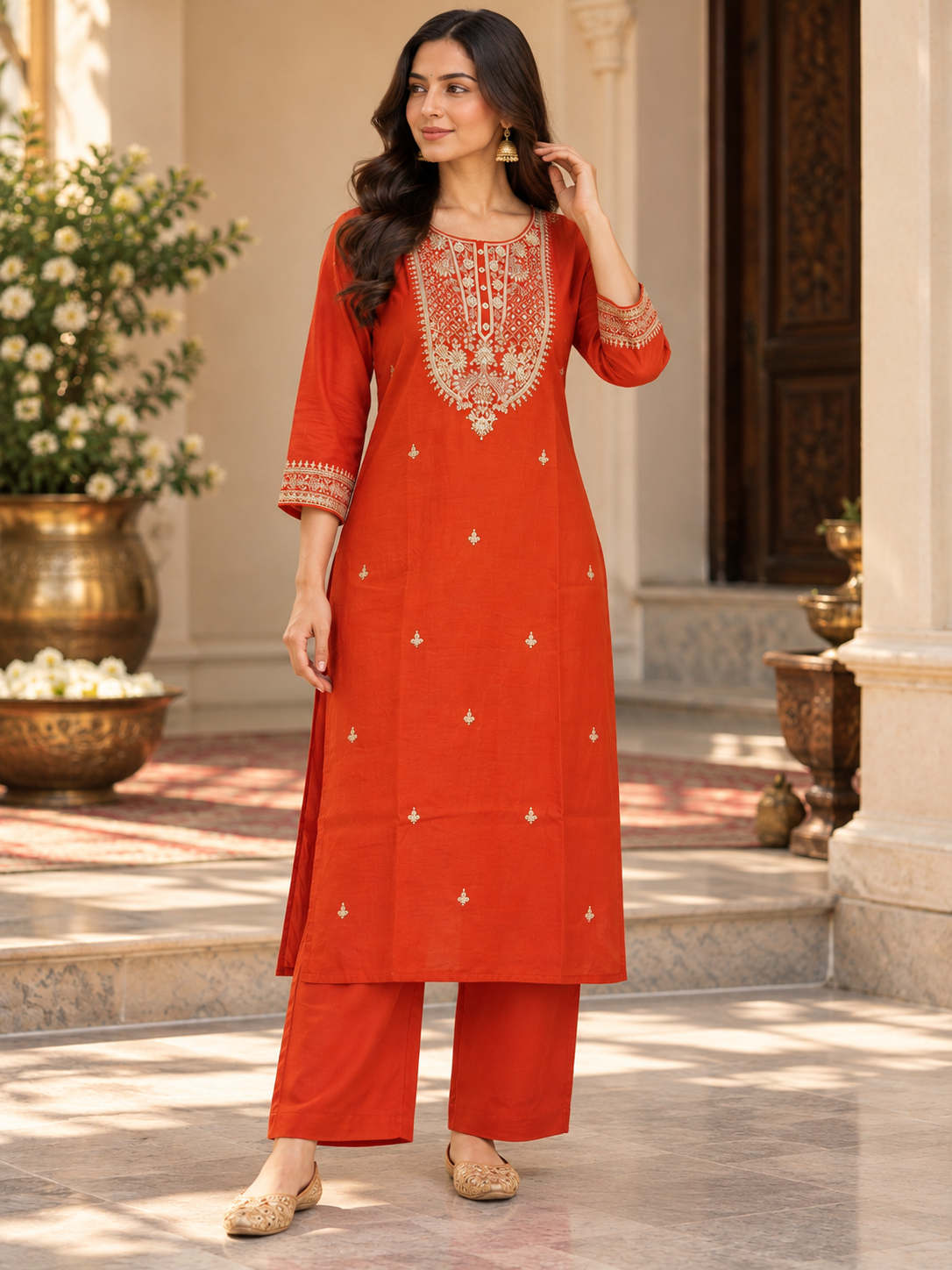 Rust Embroidered Suit Set with palazzo &  Dupatta