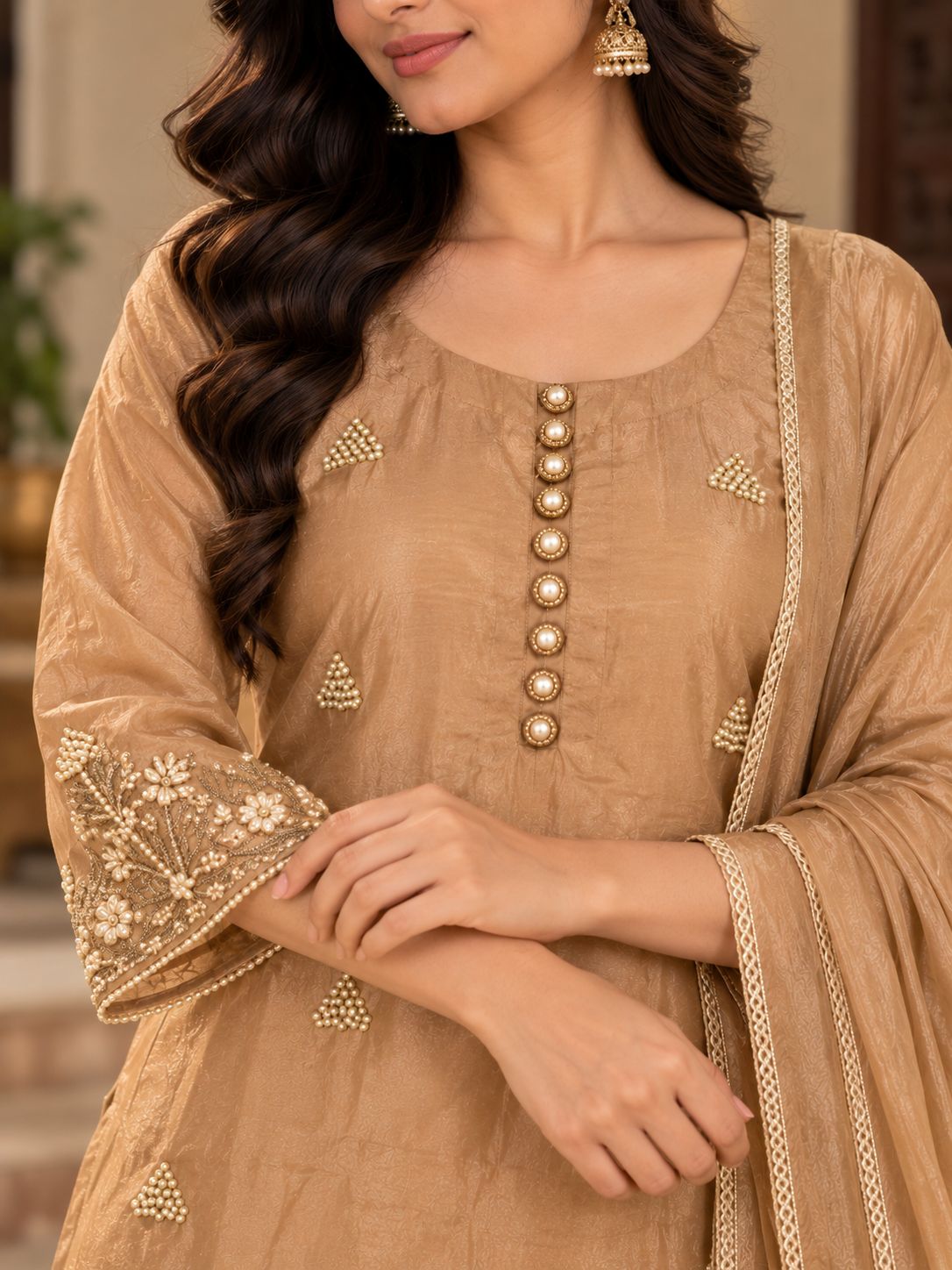 Beige Suit Set with Embroidered Kurta, Straight Pants & Dupatta