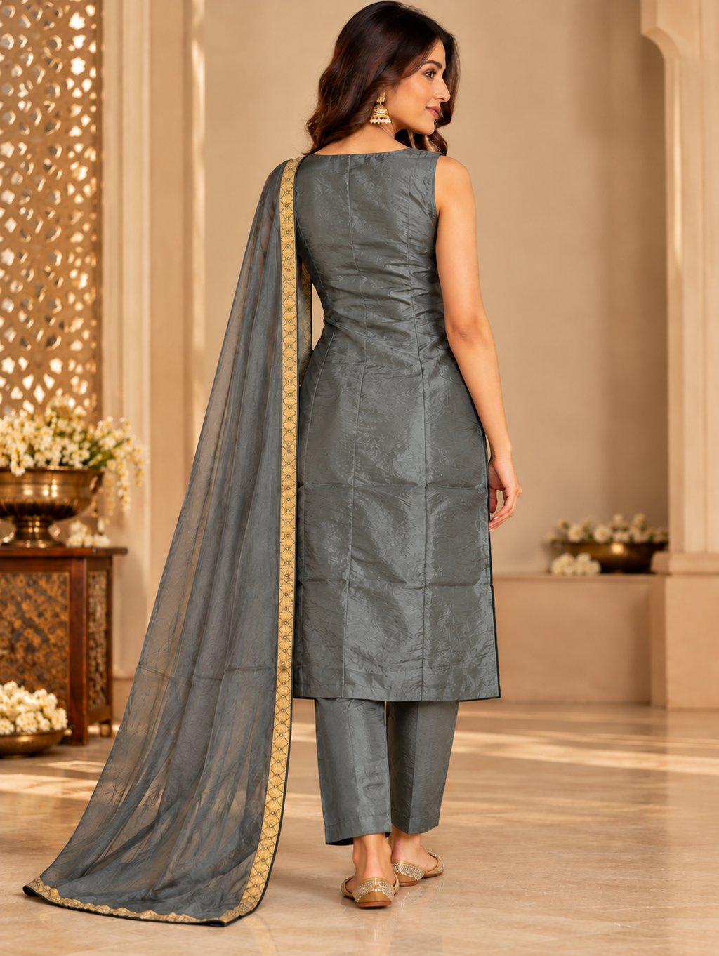 Grey Floral Embroidered Suit Set with Straight Pants & Golden Border Dupatta
