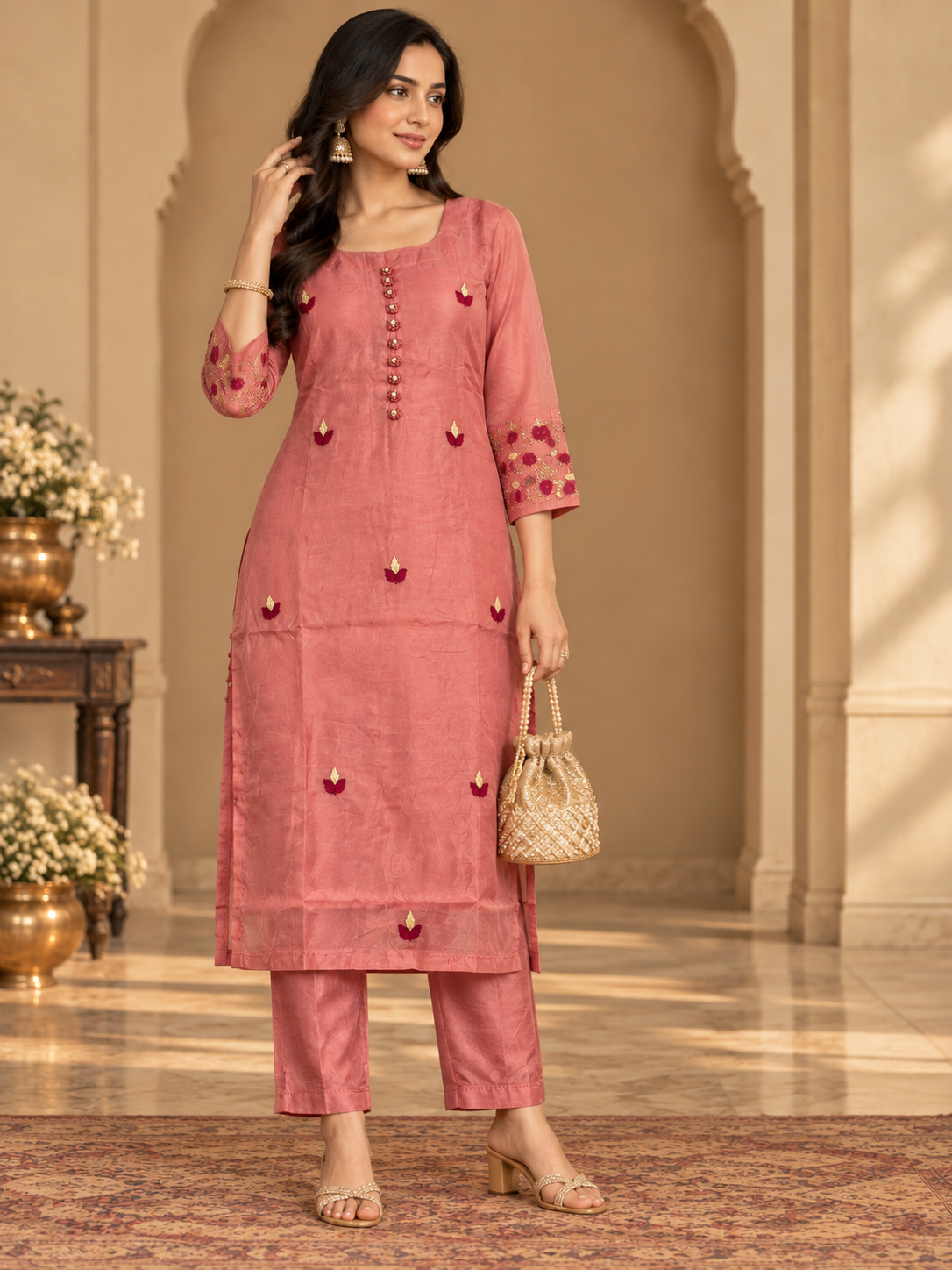 Rose Pink Embroidered Suit Set with Floral Dupatta & Matching Straight Pants