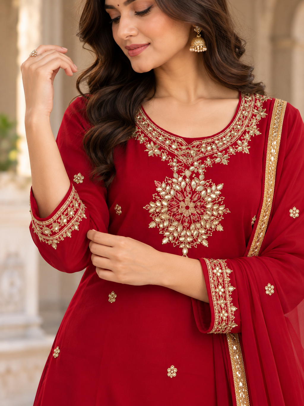 Maroon Georgette Suit Set With Matching Pants & Dupatta