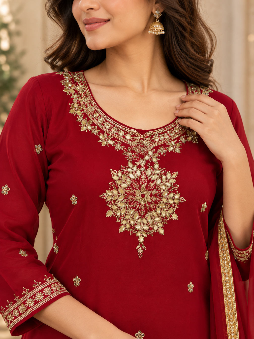 Maroon Georgette Suit Set With Matching Pants & Dupatta
