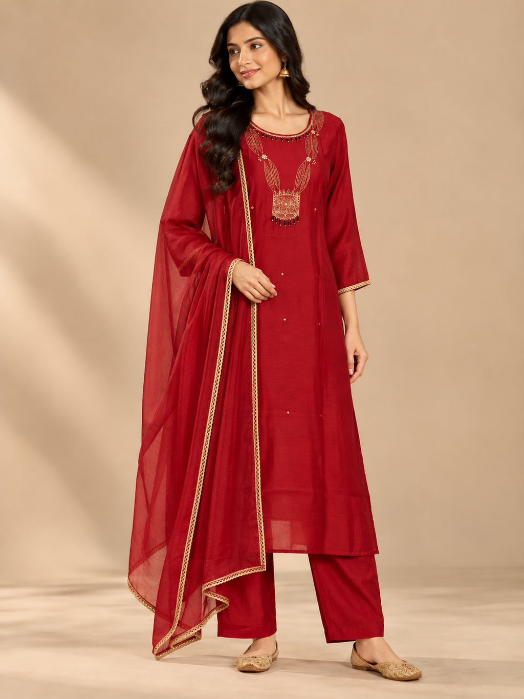 Red Embroidered A Line Suit Set with & Dupatta