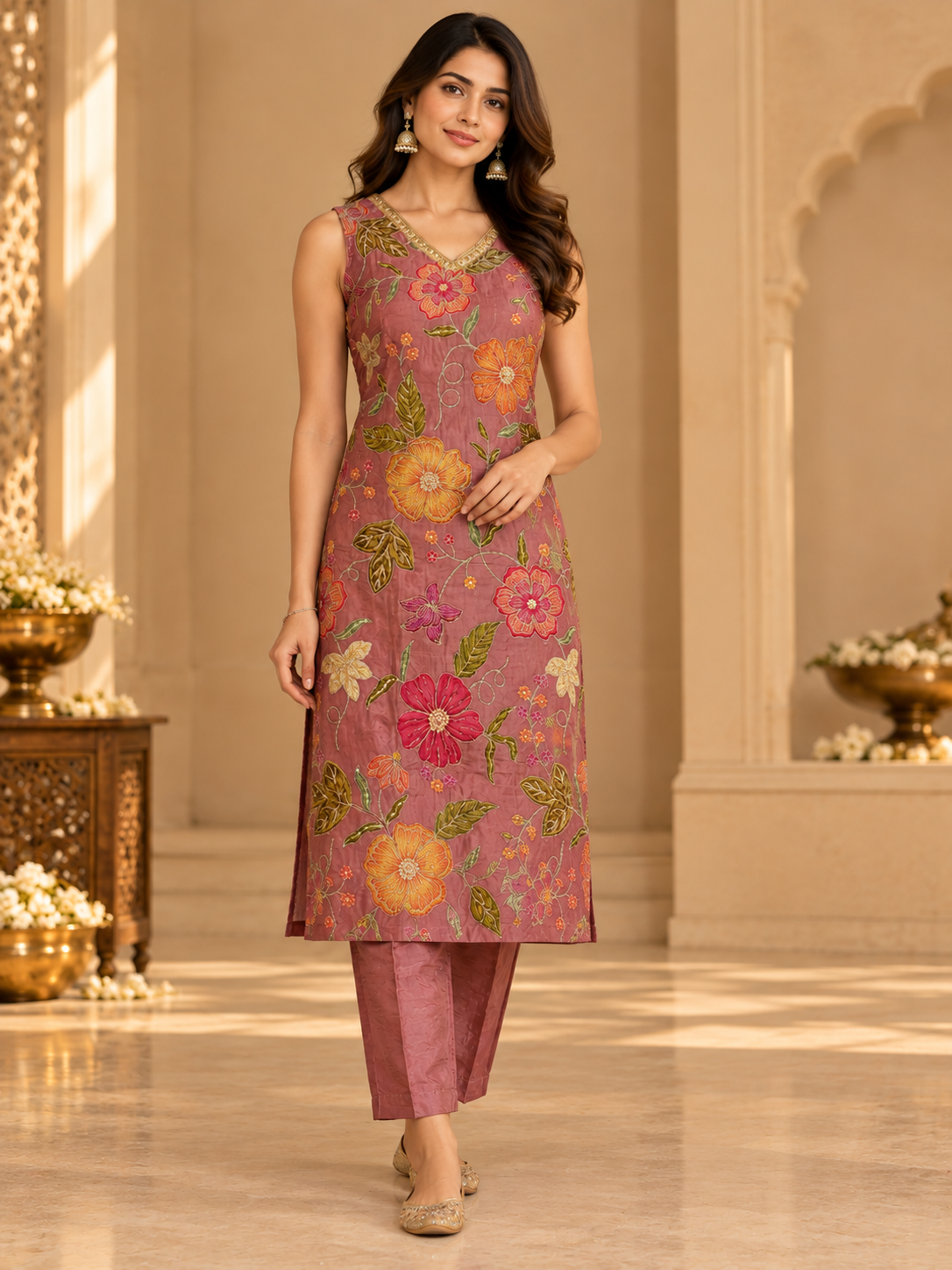 Mauve Floral Embroidered Suit Set with Straight Pants & Dupatta