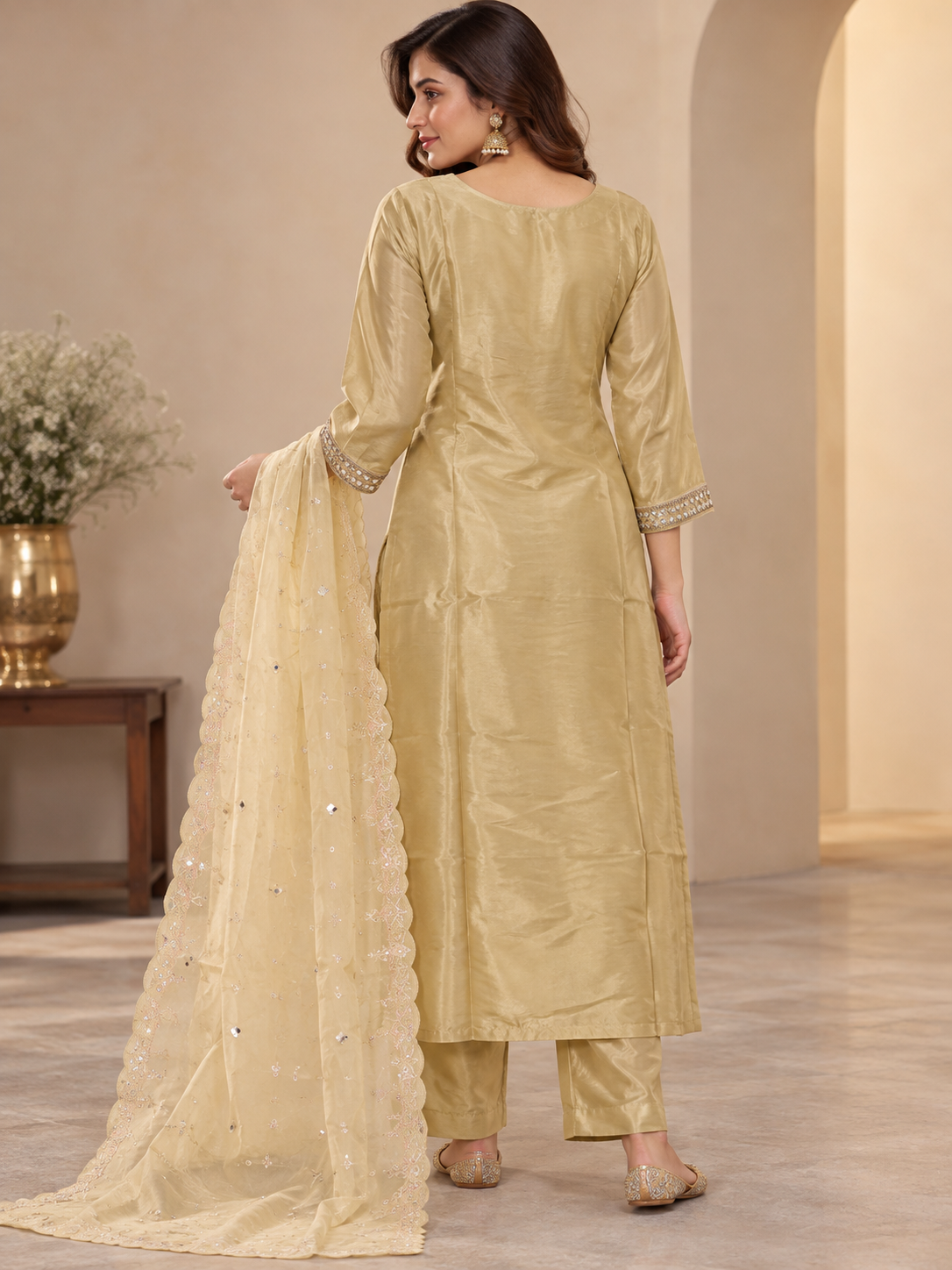 Olive yellow Embroidered Suit Set with Dupatta & Matching Plazzo