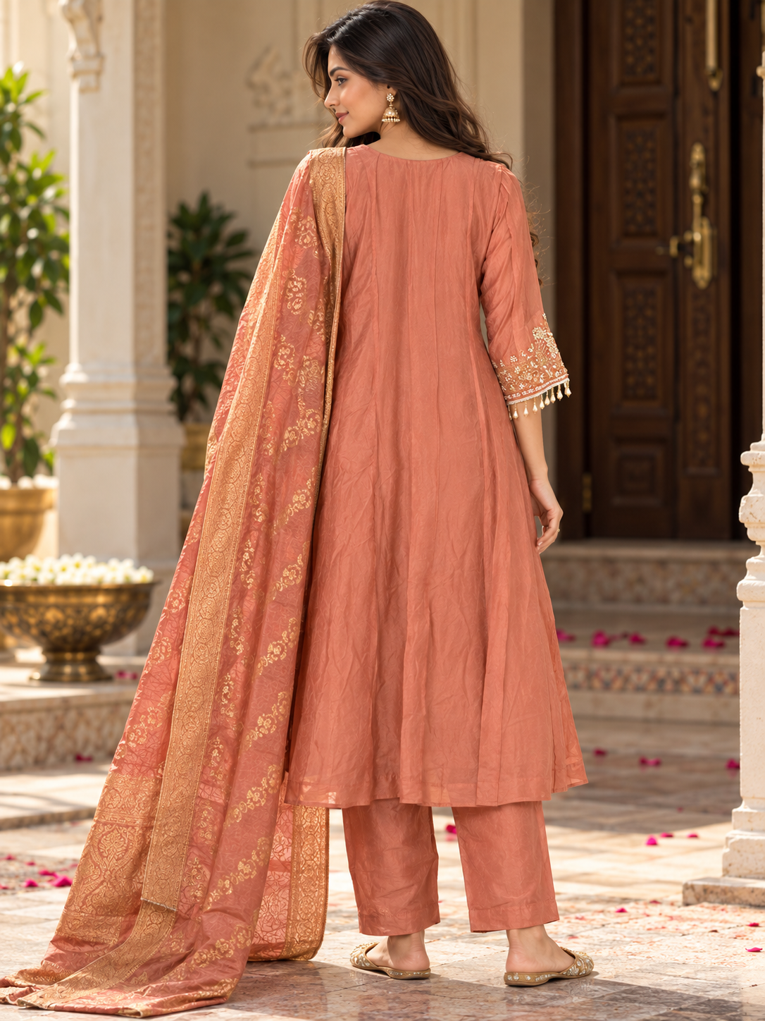 Peach Suit Set with Embroidered Anarkali Kurta & pants