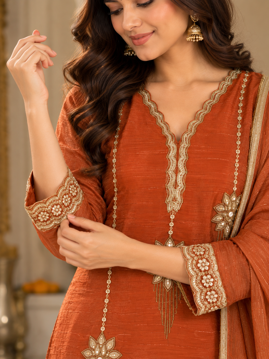 Rust Orange Salsa Suit Set with Embroidered Kurta, Palazzo & Dupatta