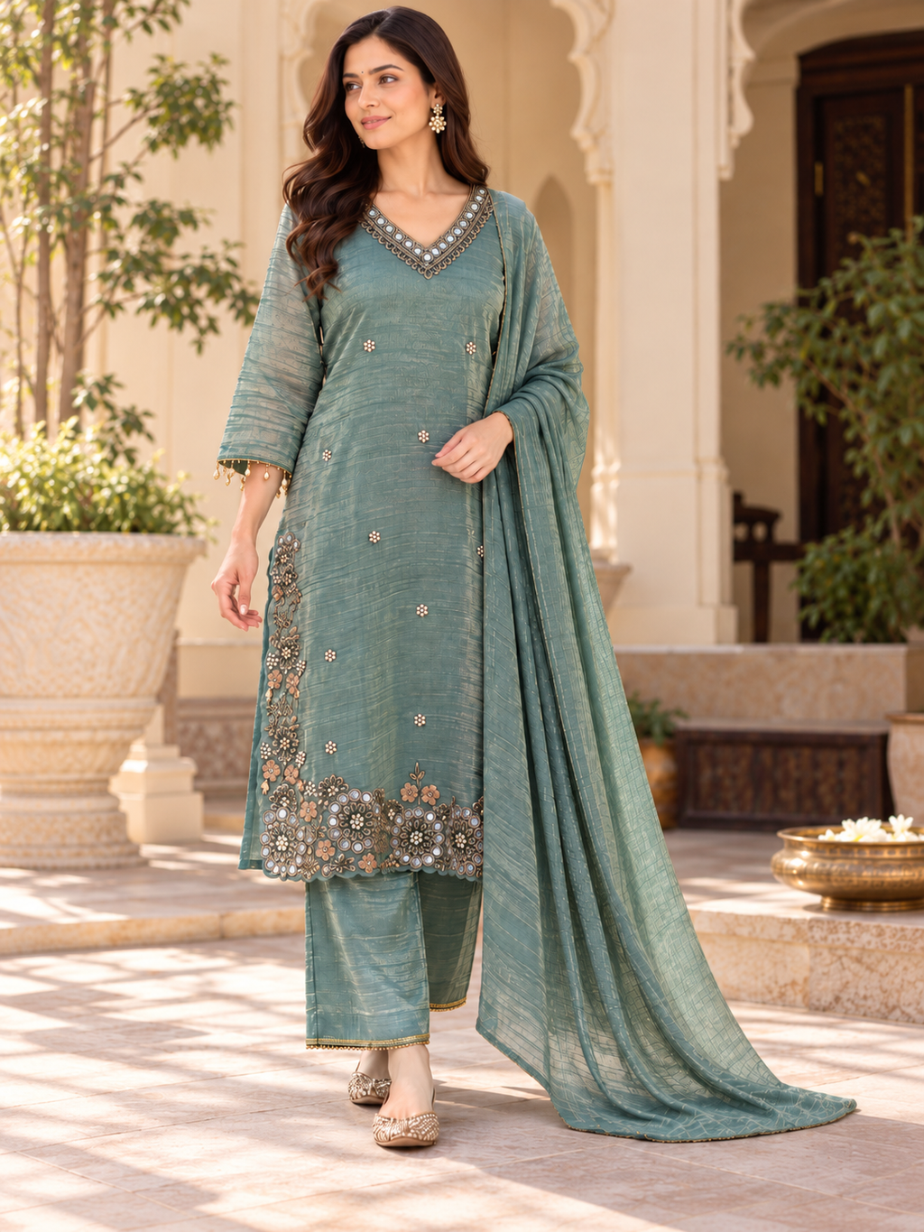 Sage Green Salsa Suit Set with Mirror & Lace Detailing
