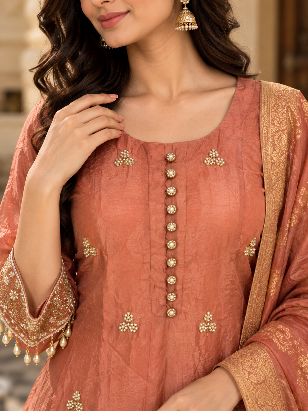 Peach Suit Set with Embroidered Anarkali Kurta & pants
