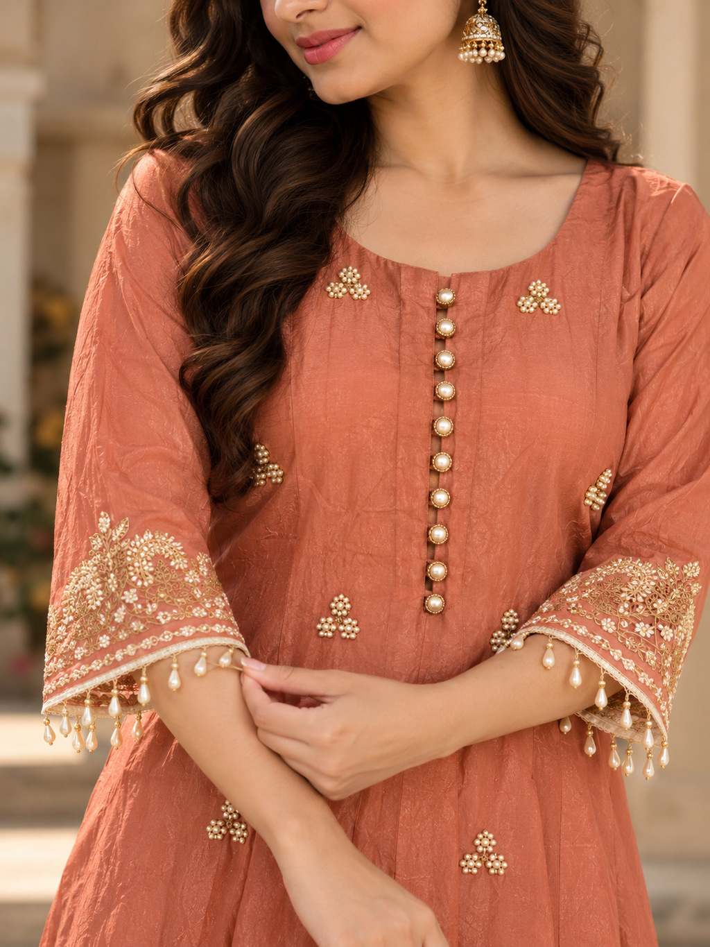 Peach Suit Set with Embroidered Anarkali Kurta & pants