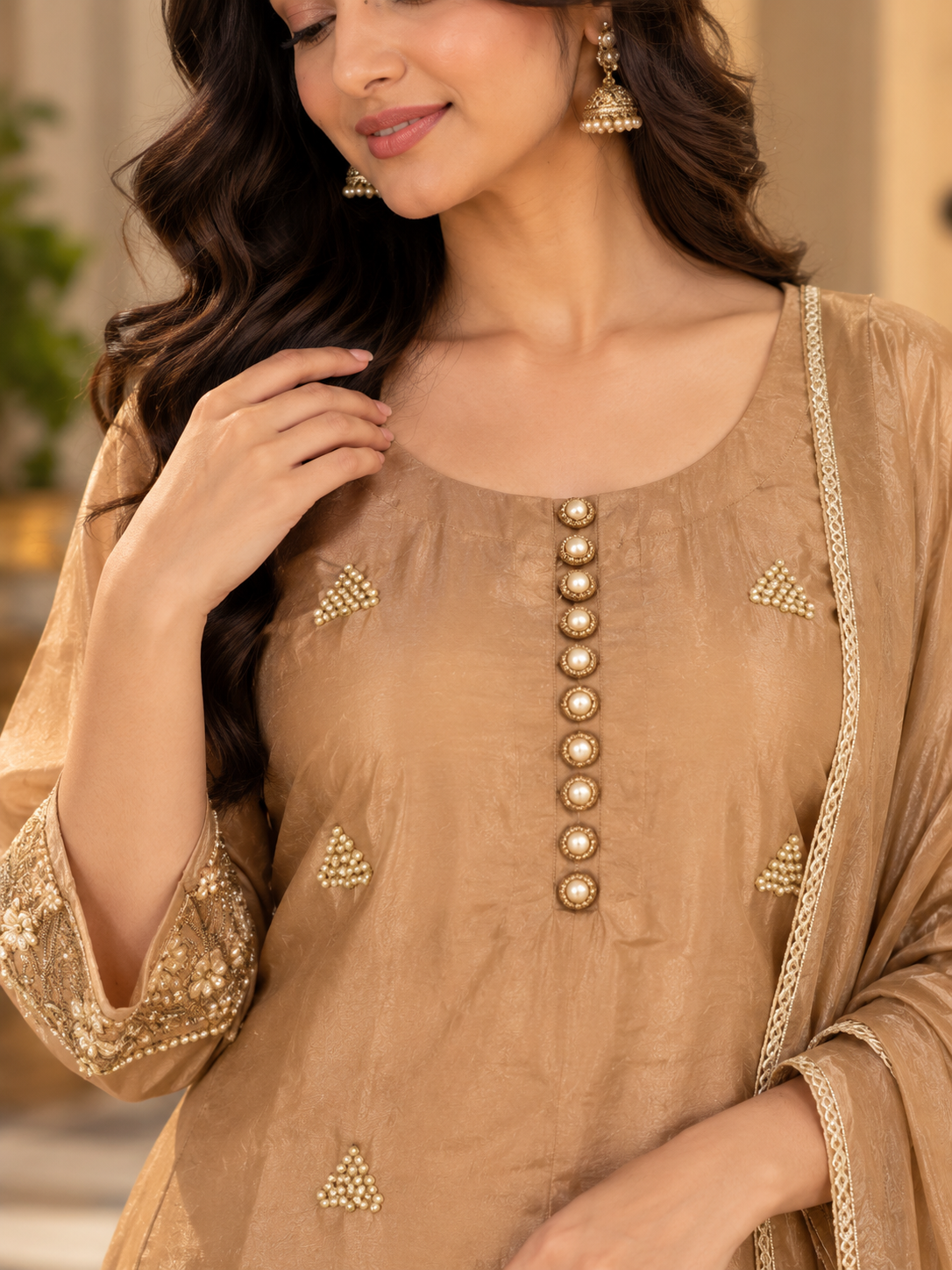 Beige Suit Set with Embroidered Kurta, Straight Pants & Dupatta