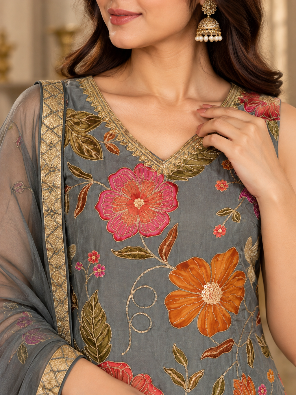 Grey Floral Embroidered Suit Set with Straight Pants & Golden Border Dupatta