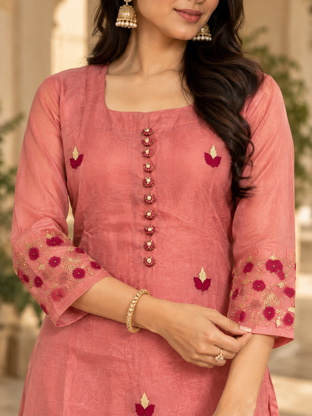 Rose Pink Embroidered Suit Set with Floral Dupatta & Matching Straight Pants
