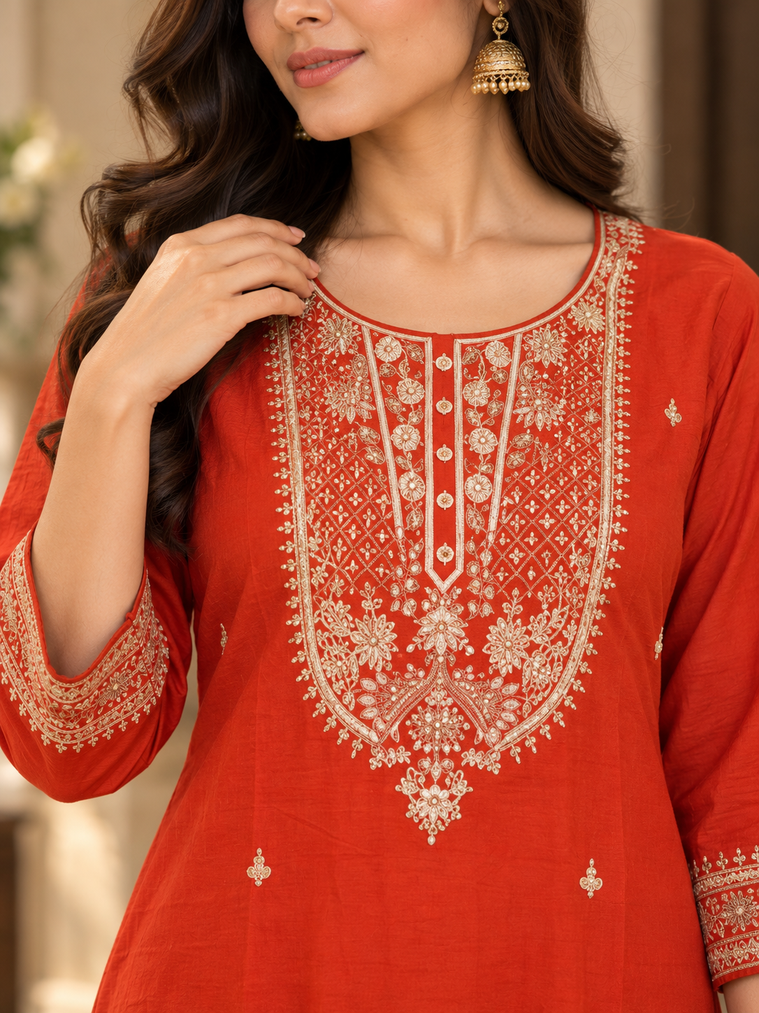 Rust Embroidered Suit Set with palazzo &  Dupatta
