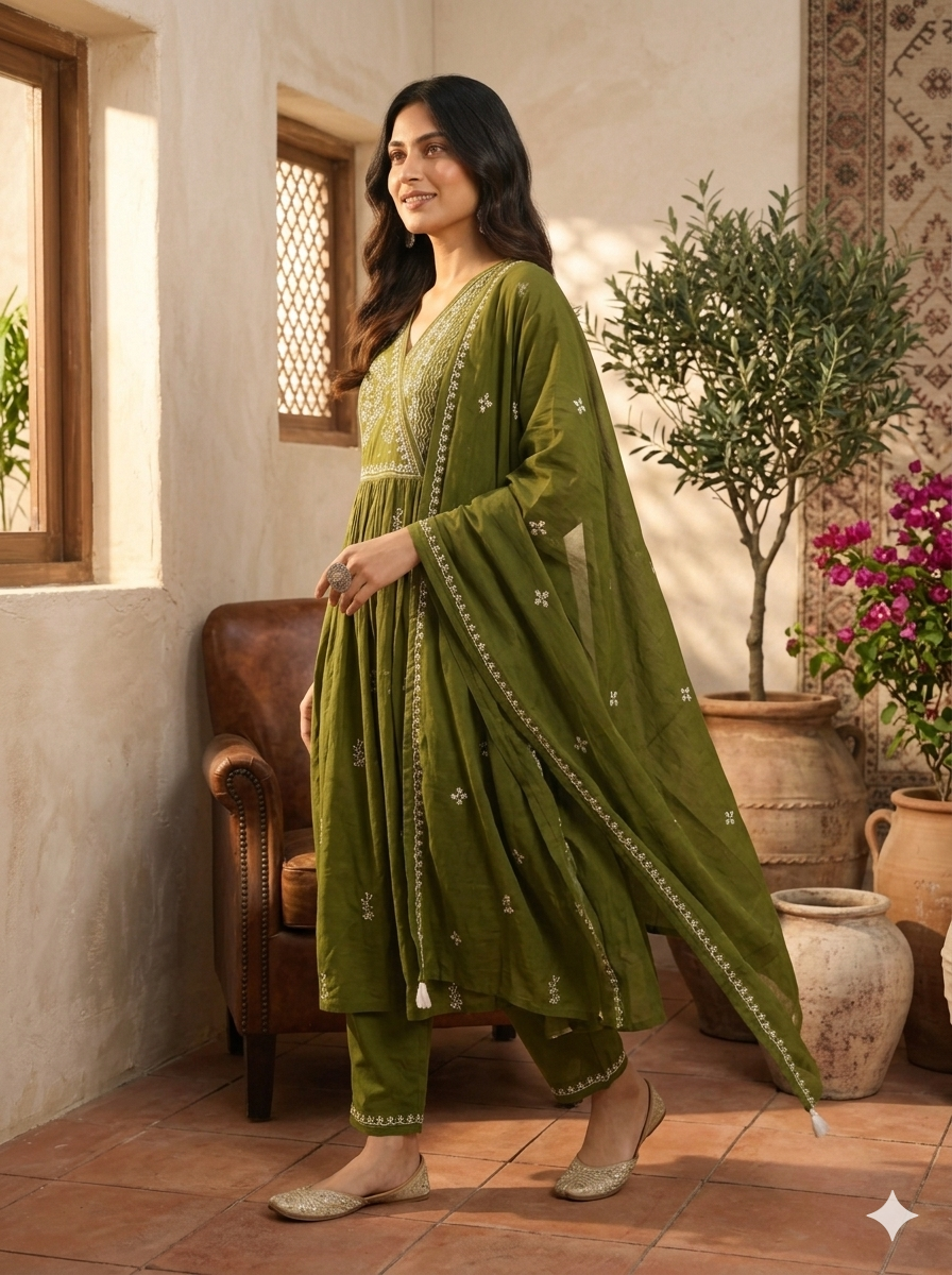 Mehendi Green Embroidered Anarkali Kurta Set