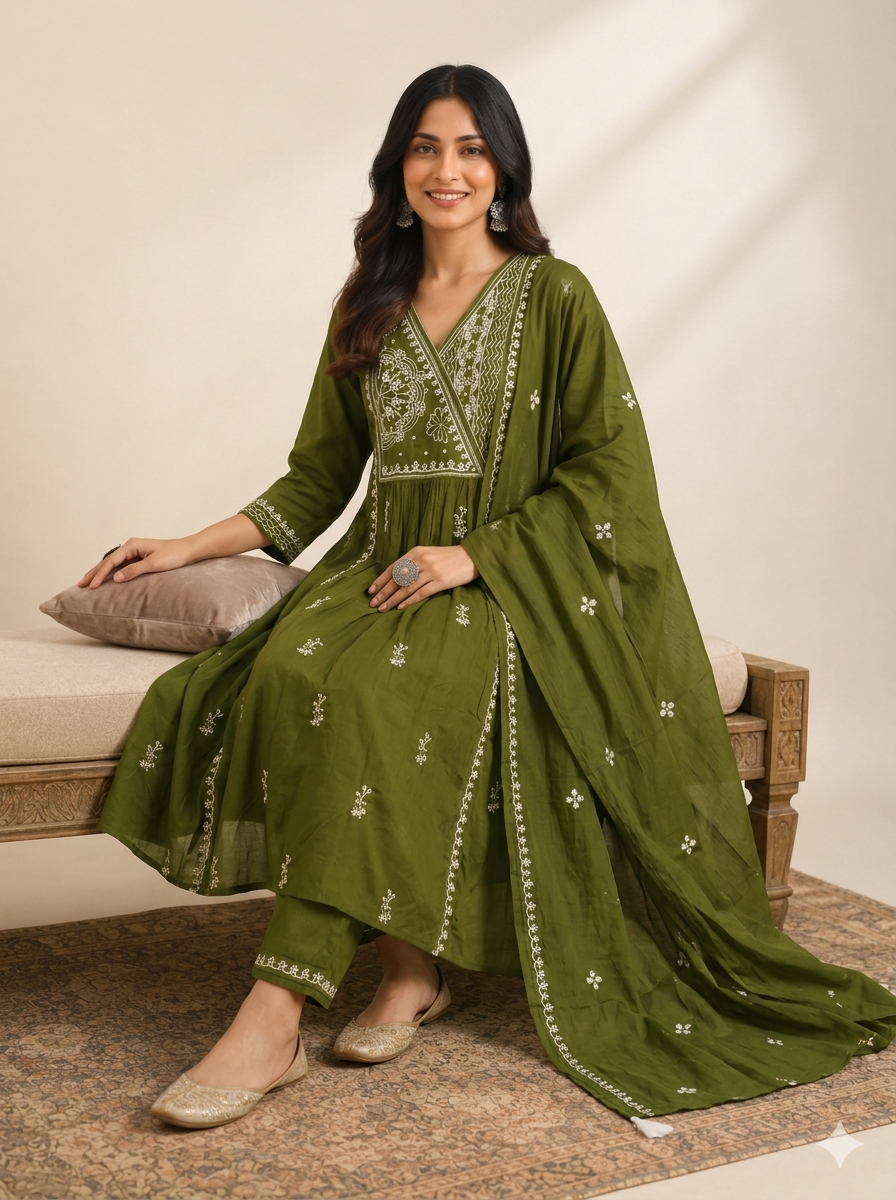 Mehendi Green Embroidered Anarkali Kurta Set