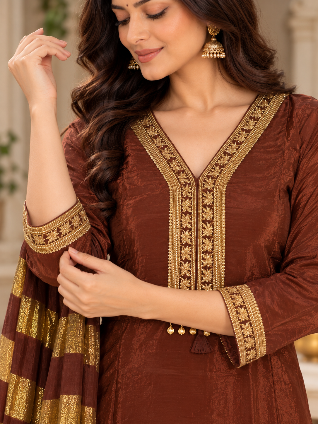 Chocolate Brown Suit Set with Golden Embroidered Palazzo & Striped Dupatta