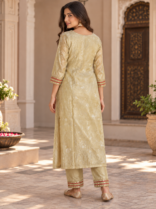 Beige Gold Embroidered Suit Set with Red Dupatta & Matching Straight Pants