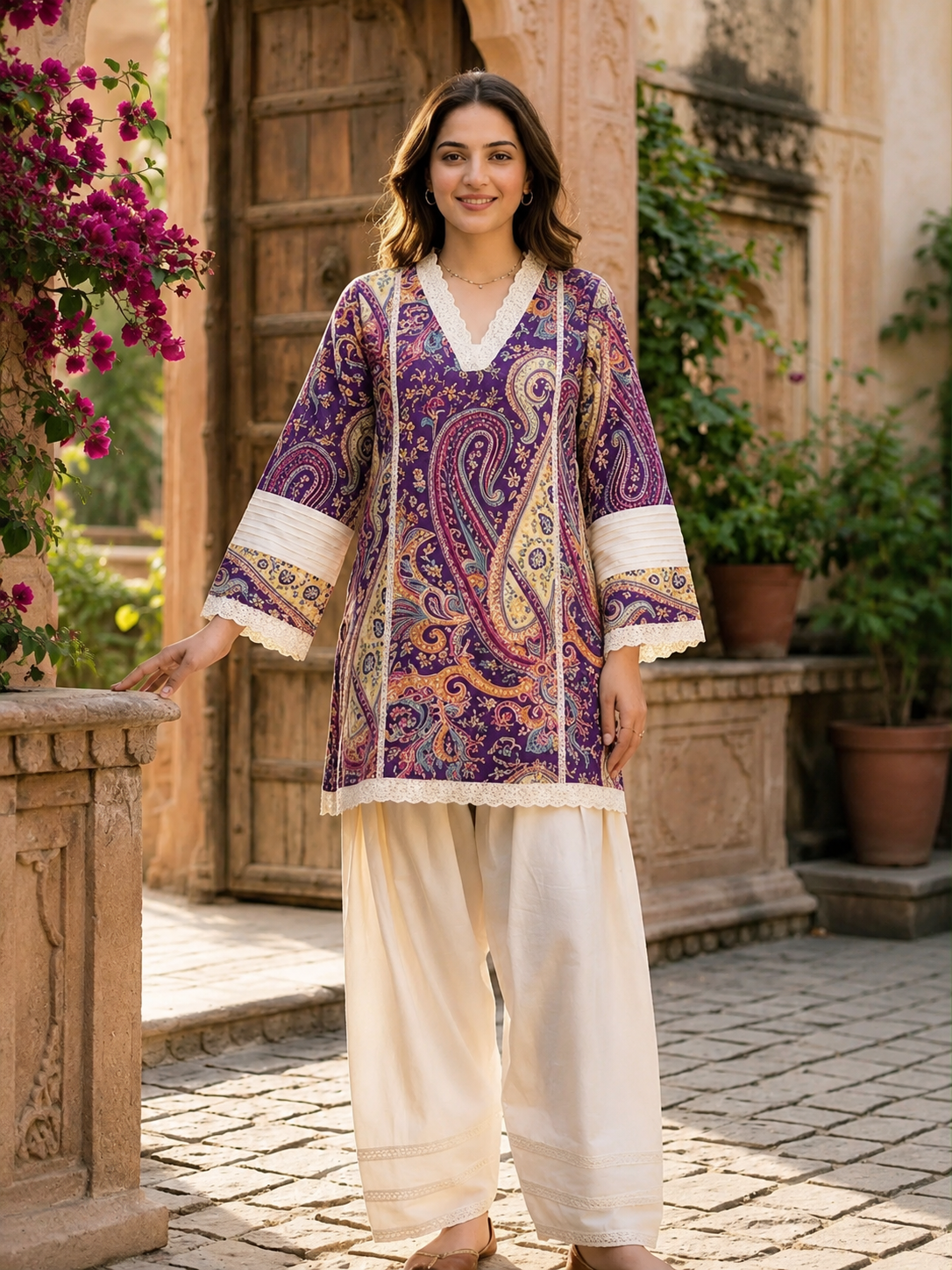 Royal Purple Paisley Cotton Kurta with Fharsi Salwar Set