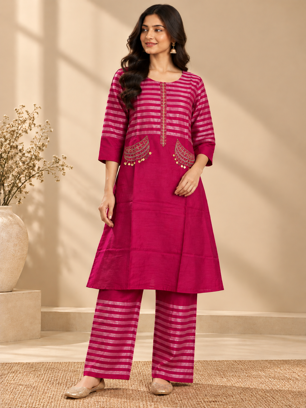 Magenta Striped Coord Set  With Matching Straight Pants