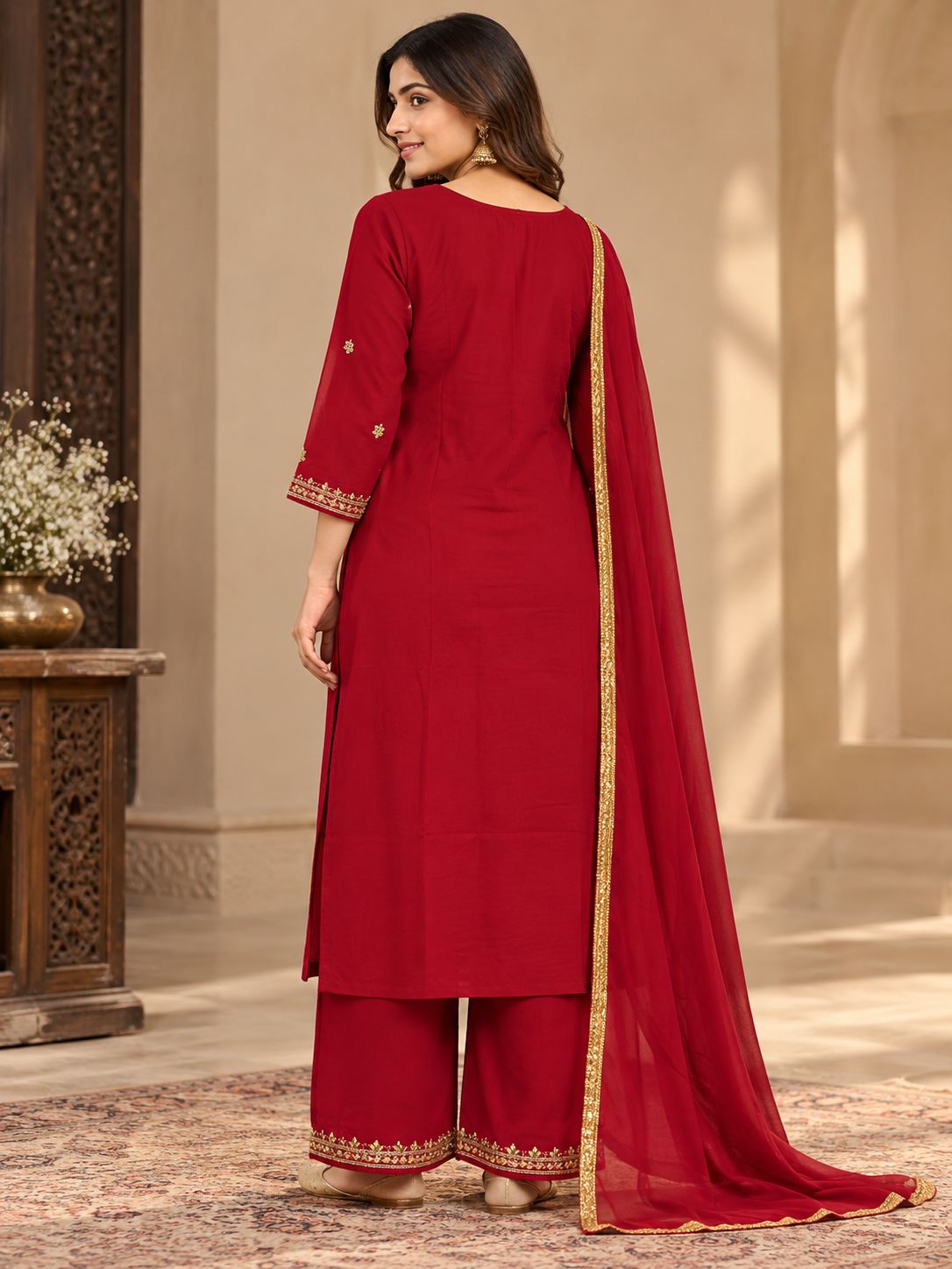 Maroon Georgette Suit Set With Matching Pants & Dupatta