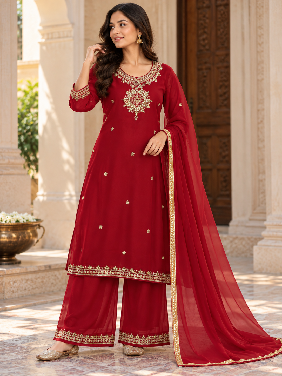 Maroon Georgette Suit Set With Matching Pants & Dupatta