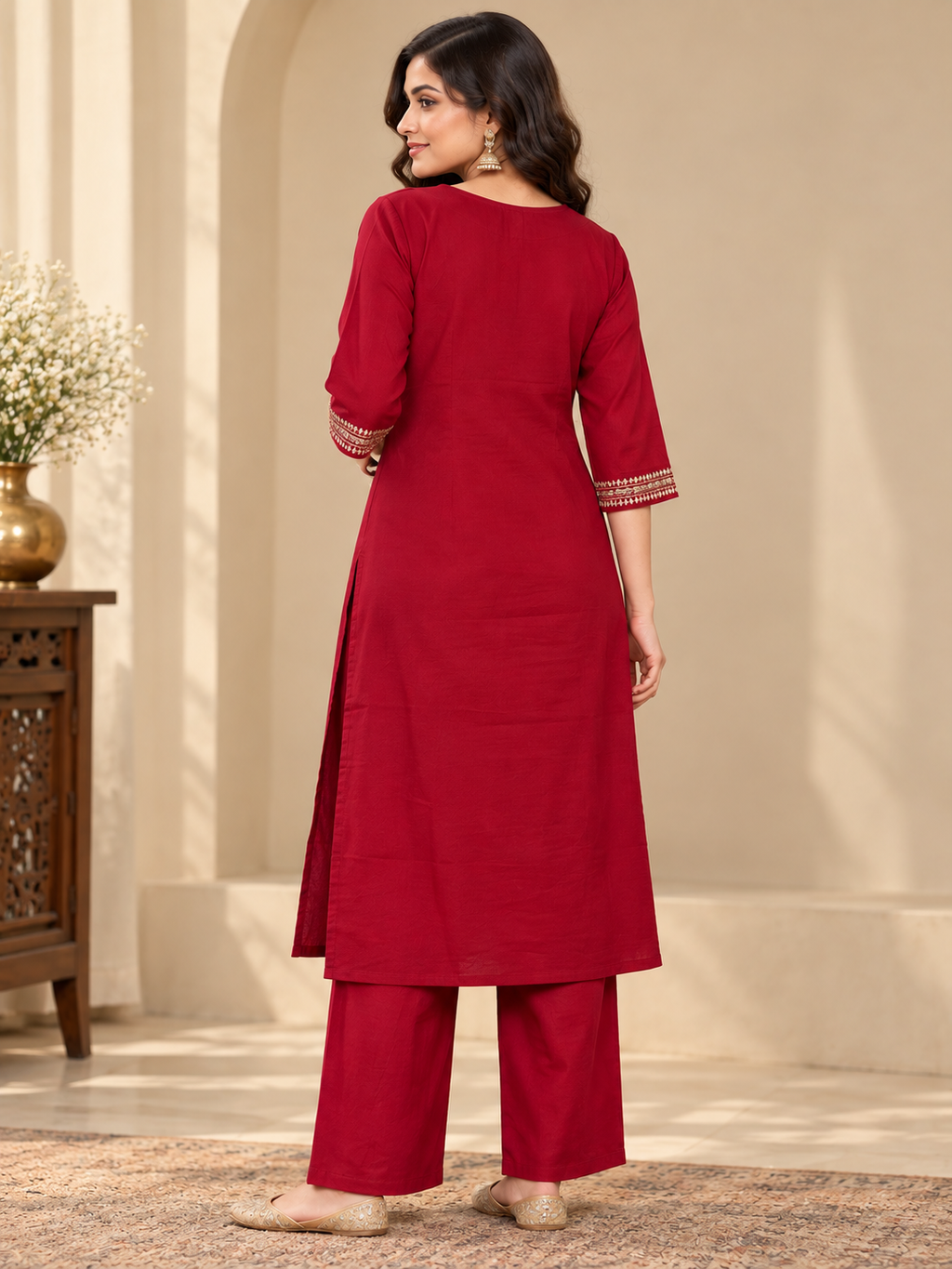 Maroon Suit Set with Matching Straight Pants & Banarasi Dupatta