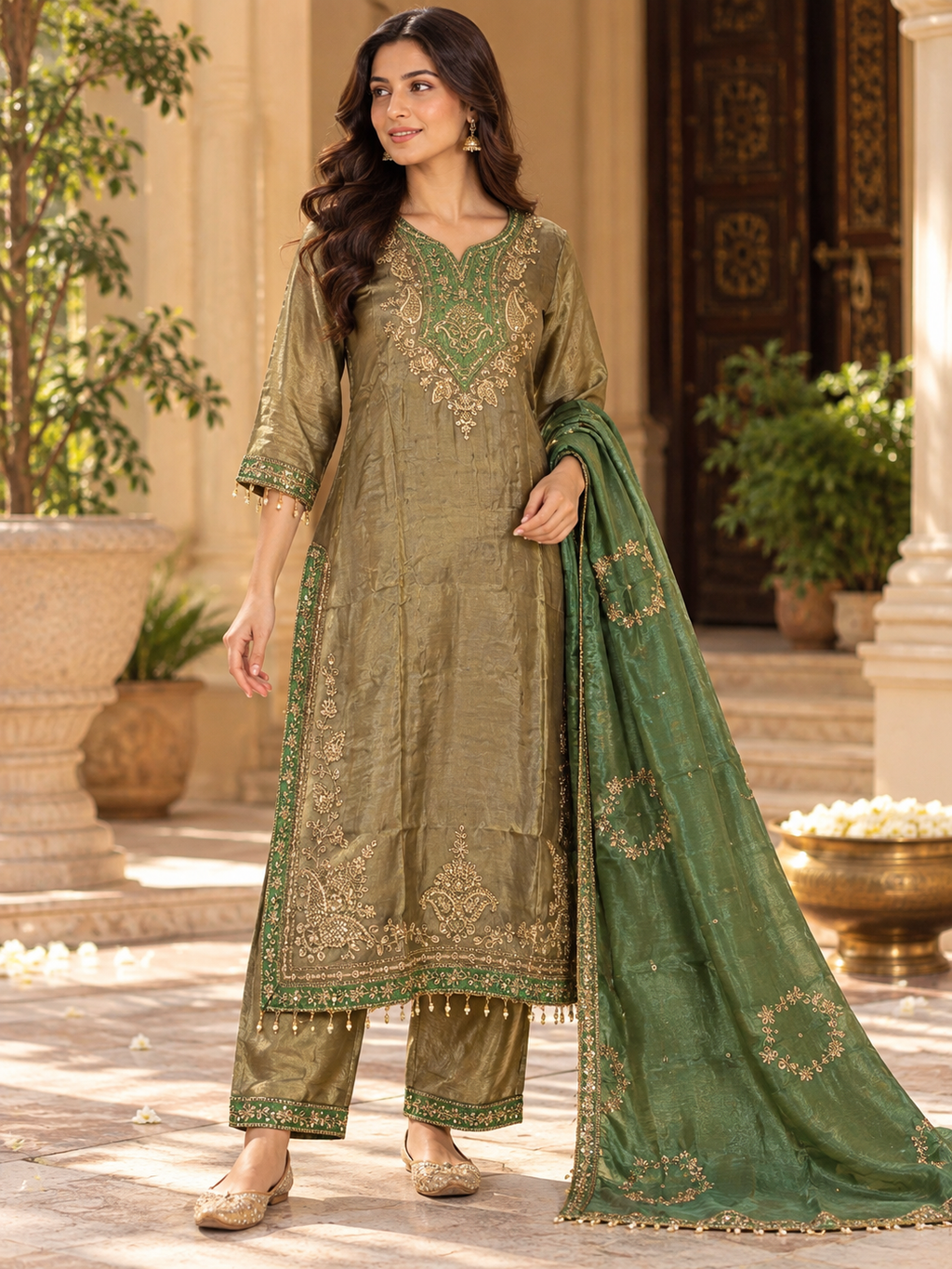 Olive Gold Suit Set with Emerald Green Dupatta & Pants