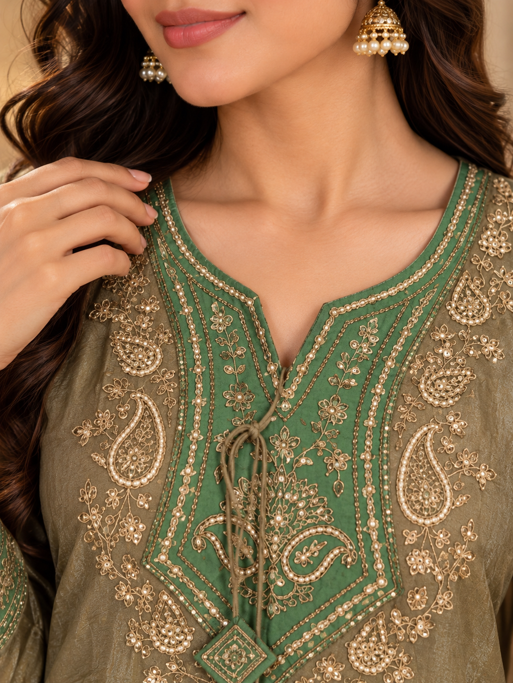 Olive Gold Suit Set with Emerald Green Dupatta & Pants
