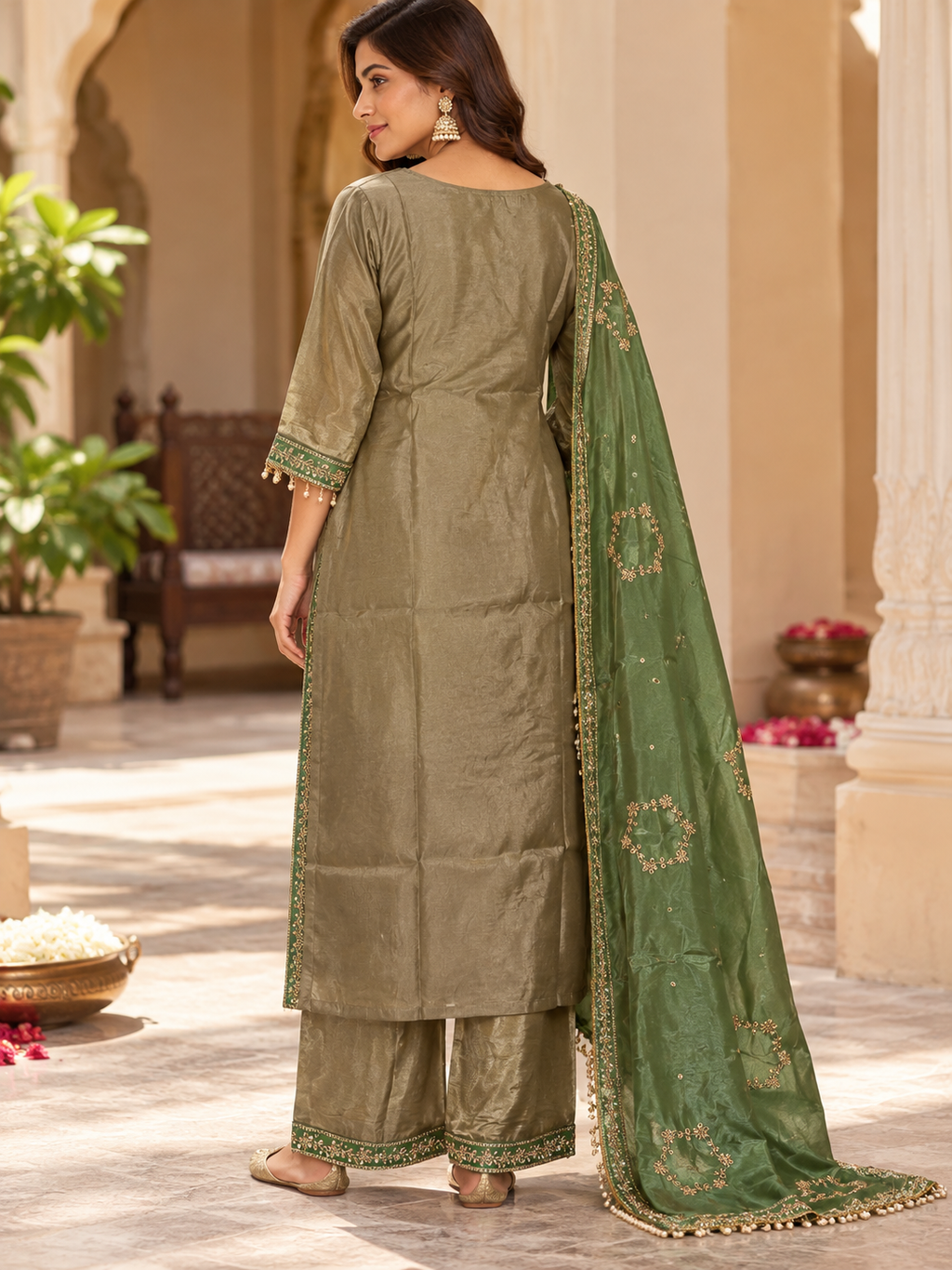 Olive Gold Suit Set with Emerald Green Dupatta & Pants