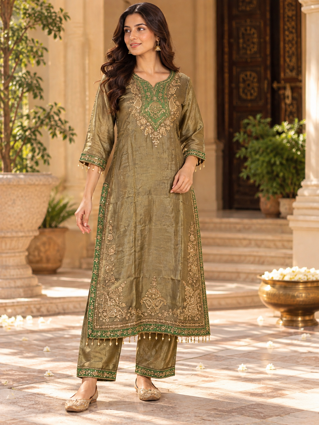 Olive Gold Suit Set with Emerald Green Dupatta & Pants