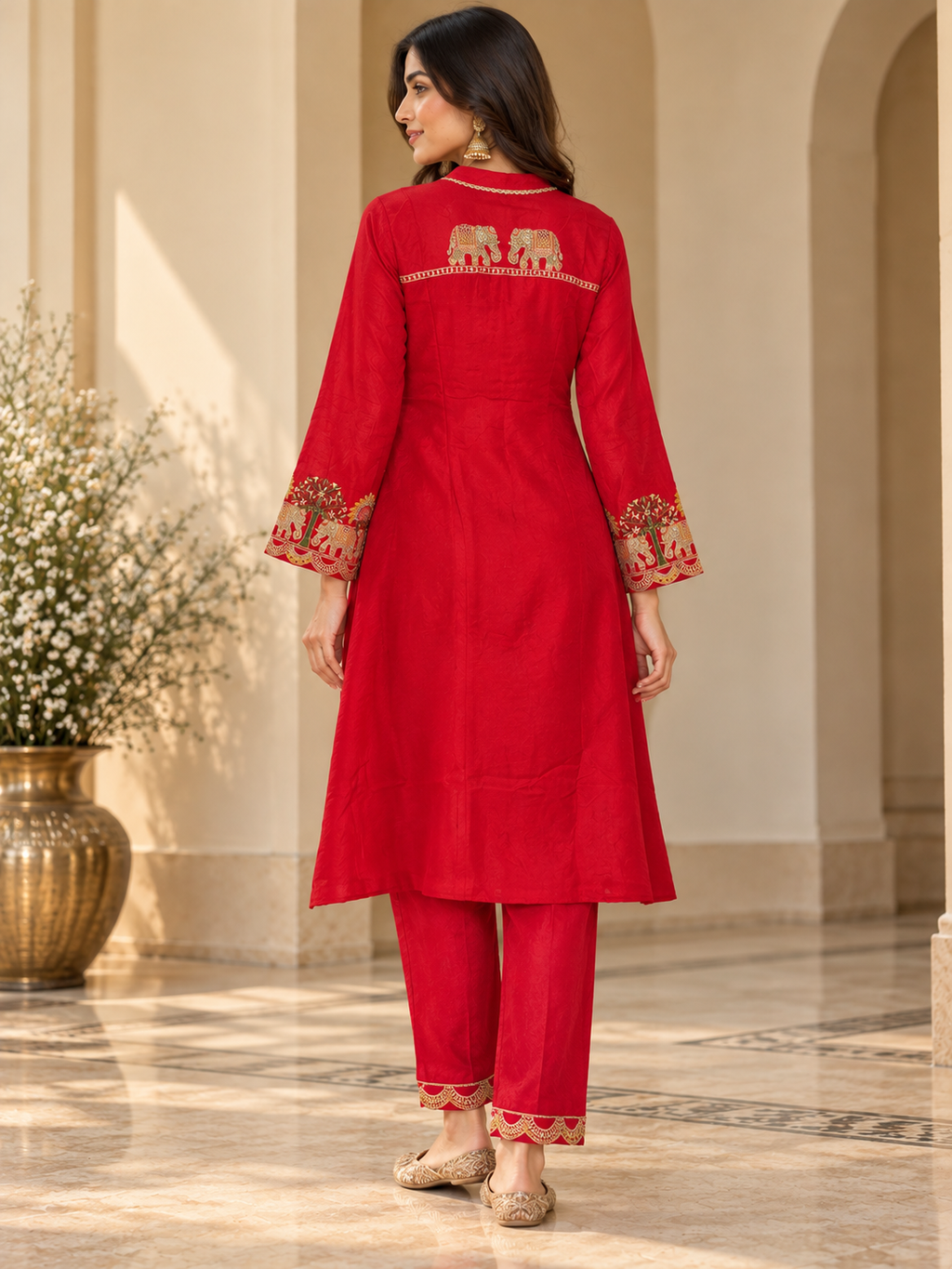 Ruby Red Embroidered Co-Ord Set with Golden Elephant Motif Detailing